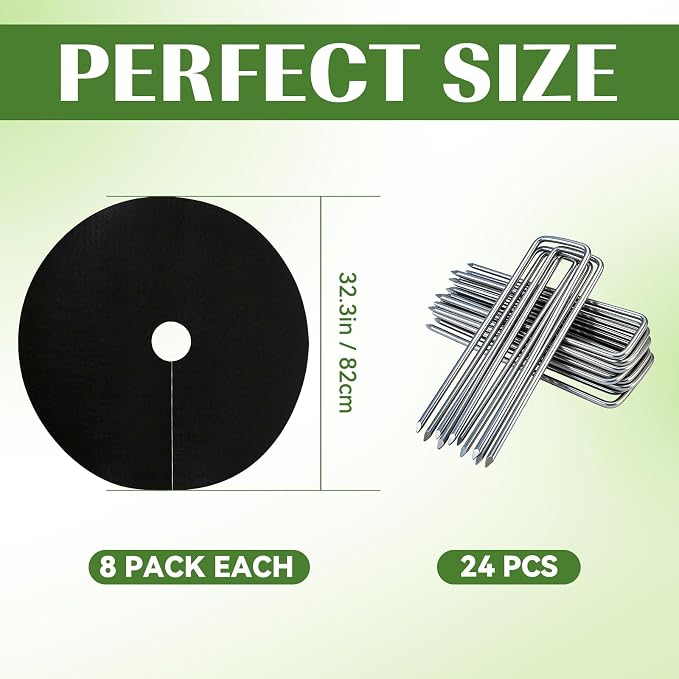 8 Packs Tree Mulch Ring - 32.2” Non-Woven Degradable Landscape Barrier Mat with Stakes, Tree Protector Ring, Barrier Fabric for Root Protection for Garden Patio Orchard Landscaping