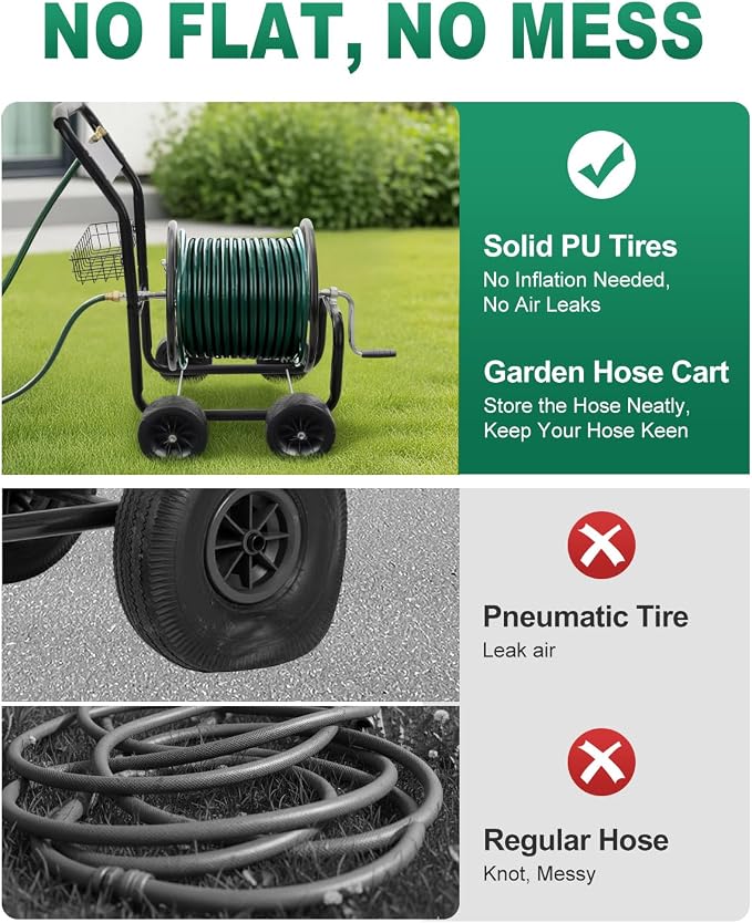 Outvita Garden Hose Reel Cart, Heavy Duty Water Hose Cart for Outside, Lawn Watering, for Garden, Yard, Lawn, Farm, Hold Up to 300 ft of 5/8’’ Hose, 4 PU Wheels, Storage Basket (Green)
