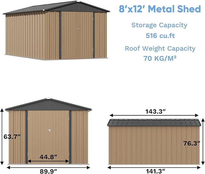 Greesum 8x12FT Outdoor Storage Shed, Utility Tool Shed with Sloping Roof, Metal Storaged Garden Shed with Door & Lock for Patio Storage, Brown
