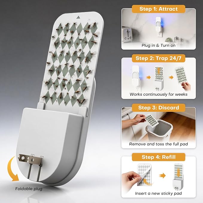 Fruit Fly Trap for Indoors Plug-in, Gnat Trap Indoor Insect Trap with 7 Refill Cartridges, UVA Light Bug Catcher with Dual Modes, 8-Color RGB Night Light Sensor for Kitchen Bathroom Home