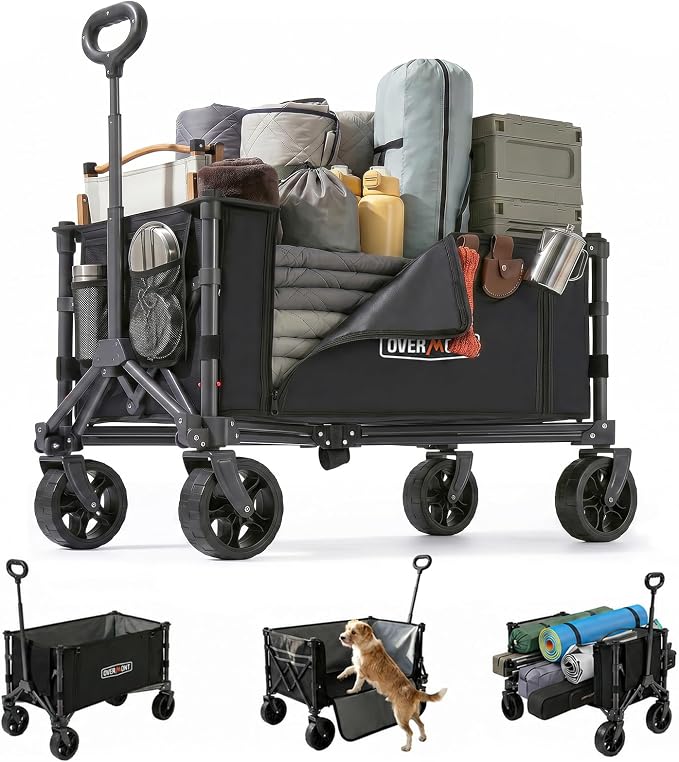Overmont 3-in-1 Folding Utility Wagon 11lb Lightweight Cart with Side Open | 120L 220 lb Capacity Adjustable Handle & Swivel Wheels for Grocery Runs, Camping, Sports, Garden, Shopping, Picnics and Pets