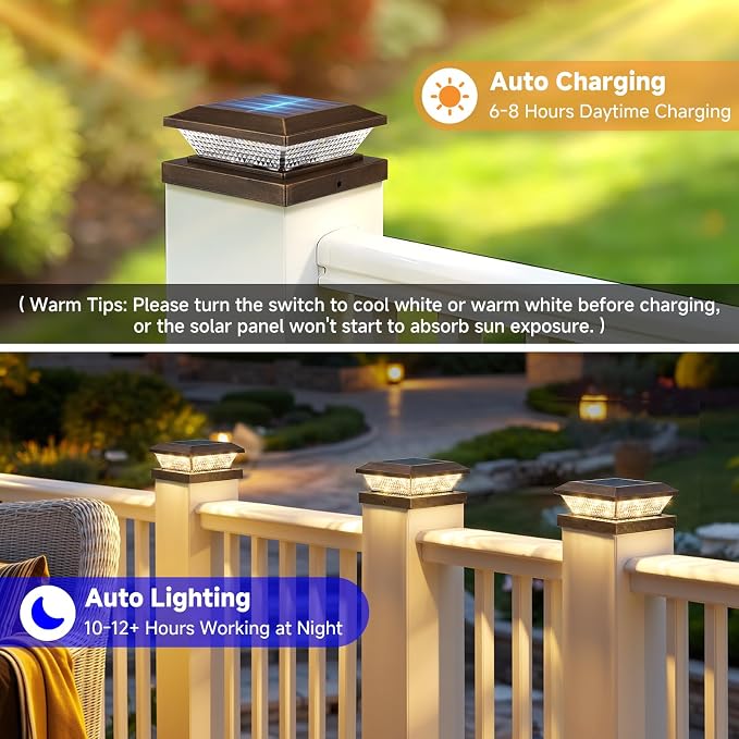 Mlambert 4x4 Solar Post Cap Lights Outdoor 4 Pack, Waterproof Solar Fence Light for Wooden/Vinyl Post, 2 Color Outside Deck Patio Porch Decor, Brown