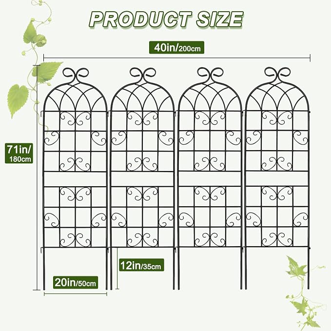 YOBAZAN 4 Pack 71x19.7in Rustic Iron Arch Decoration Garden Trellis with Black Metal Coating – Perfect for Supporting Climbing Plants Outdoor, Roses, Vines, Flowers, and Vegetables.
