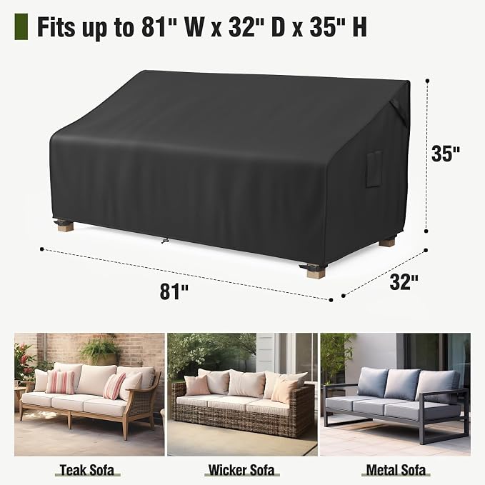 MR.COVER 3-Seater Outdoor Couch Cover Waterproof, Patio Furniture Cover for Sofa, Heavy Duty Outdoor Sofa Covers, Polyester & Double-Stitched Seams, Fits up to 81" W x 32" D x 35" H, Classic Black