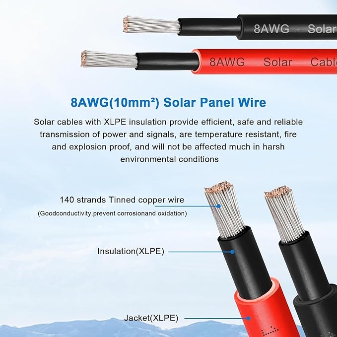 XRDS -RF 8AWG Solar Panel Wire 10mm², 2 Pack 150FT Red & Black Solar Extension Cable, PV Wire with Tinned Copper, Sunlight & UV Resistant, for Solar Panel, RV, Inverter, Battery, Off-Grid Systems