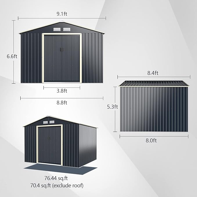 Goplus Outdoor Storage Shed, 9' X 8' Metal Garden Shed with 4 Vents & Double Sliding Door, Utility Tool Shed Storage House for Backyard, Patio, Lawn