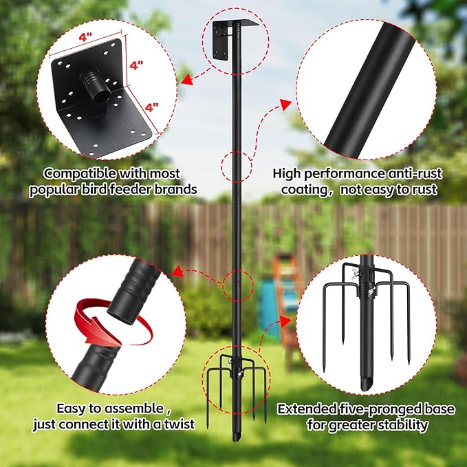 Bird House Pole,75" Outdoor Bird Feeder Pole Kit Stand with 5-Pronged Base, Adjustable Height & Universal Mount for Easy Setup, 2 Installation Methods, Matte Black Finish (Without Bird House)
