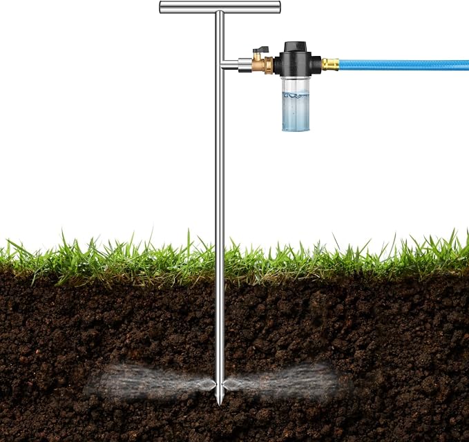Deep Root Watering Tool for Trees & Plants, Tree Watering Spike, Stainless Steel Root Feeder with Fertilizer Bottle for Tree Watering Irrigation System with Brass Valve, T-Handle