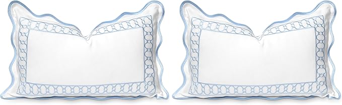 Hofdeco Premium Coastal Patio Indoor Outdoor Scalloped Lumbar Pillow Cover Only, 12"x20" Water Repellent for Backyard, Couch, Baby Blue Embroidered Begonia Pattern Chain Frame (Pack of 2)