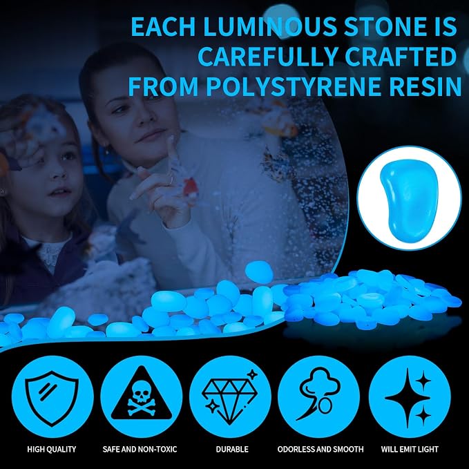 Landical 300 Pcs 1.8 Inch Large Glow in The Dark Rocks Glow in The Dark Pebbles Outdoor Bule Fish Tank Rock Aquarium Gravel Luminous Stone for Landscaping Walkway Succulent Plant Decor, 4700g/10.36lbs