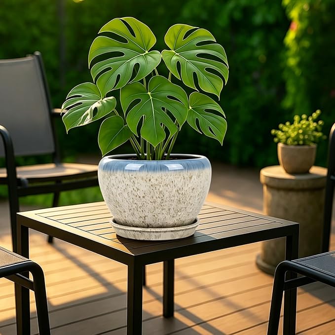 Deep Dream 8 Inch Plant Pots- Ceramic Pots for Plants with Drainage Hole and Saucer, Large Planter Pot for Indoor Plants Outdoor Decor, Beige&Blue