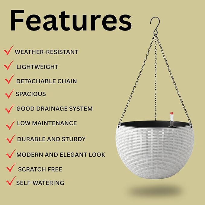 LaLaGreen Indoor Hanging Planter (11 Inch, 1 Pack) Self-Watering Round Flower Pot with Water Level Indicator, White Rattan Style Hanging Basket with Metal Chain for Balcony, Porch, Deck, Garden Decor