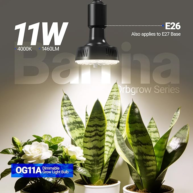 Barrina Orbgrow OG11A Grow Light Bulbs for Indoor Plants, Integrated Dimming & Timing, 4000K 11W(100 Watt Equiv), E26 Plant Light Bulb, Full Spectrum, High PPFD for Seeds and Greens, 1 Pack, Black