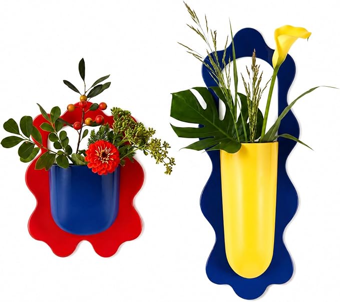 Wall Mount Flower Vase Detachable Metal Wall Plant Pot 2 Pack | Scalloped Wavy Border Wall-mounted Planter Modern Color Block Wall Decor Vase for Home Floral Display
