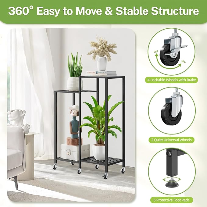 iDavosic.ly 4 Tier Plant Stand for Indoor Outdoor Set of 2, Folding Corner Orchid Pot Display Rack and Metal Tall Flower Holder Shelf with Wheels for Patio Porch Garden Balcony Bedroom