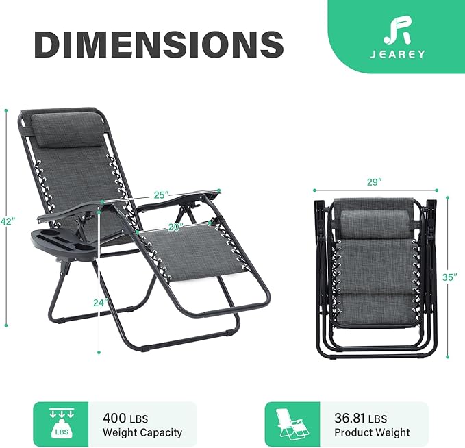 JEAREY Zero Gravity Lounge Chairs Set of 2, Adjustable Steel Mesh Recliners with Pillows and Cup Holder Trays for Patio, Garden, Beach, Dark Grey