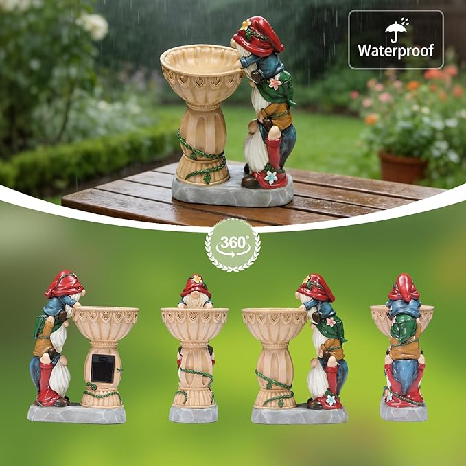 Sheaifun Garden Gnomes Outdoor Gnomes Garden Decorations for Yard Colorful Lights Resin Solar Outdoor Statues with Bird Bath Feeder Outside Lawn Patio Housewarming Gift for Women 6.25x4.25x9.25 Inch