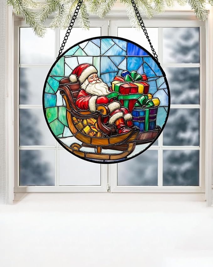 DASTOLL Stained Glass Window Hanging - Santa Claus Gift BoxSuncatcher for Doors Home Christmas Decoration Winter Sun Catcher Thanksgiving New Year Birthday Gift for Women Men Mom Nana 9.8 in