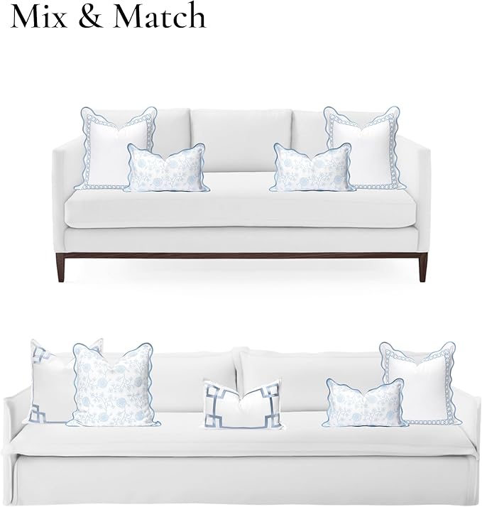 Hofdeco Premium Coastal Patio Indoor Outdoor Scalloped Lumbar Pillow Cover Only, 12"x20" Water Repellent for Backyard, Couch, Baby Blue Print Dahlia Floral (Pack of 2)