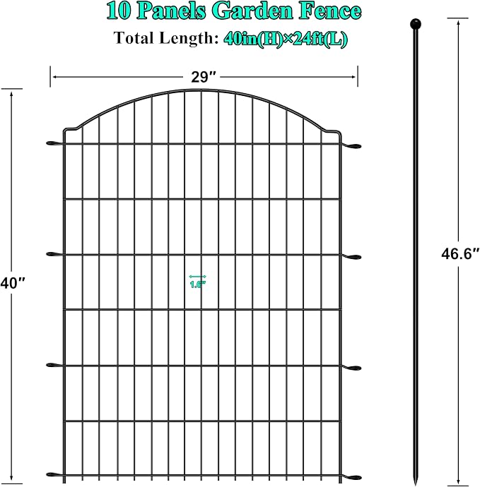 Decorative Garden Fences 40in x 24ft, 10 Pack Outdoor Fencing Animal Barrier Dog Border, Metal Wire Fence Panels for Garden Decor, Flower Bed Edging Borders for No Dig Patio Yard