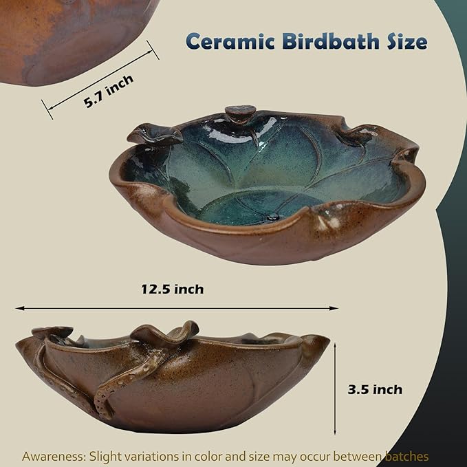Ceramic Birdbath Solar Fountain, 12.5-Inch Heavy Duty Ceramic Bird Bath Bowl for Outdoor Water Fountain, Wildlife Drinking Station & Ground Feeder, Garden Patio Décor