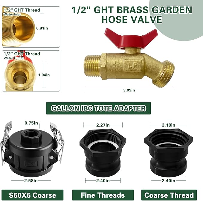 IBC Tote Adapter, 2" Cam Lock for 275-330 Gallon IBC Tote Tank with 2packs Groove Fittings, IBC Tote to Garden Hose Adapter with Brass Hose Faucet (1/2'' Red Handle Brass Valve)