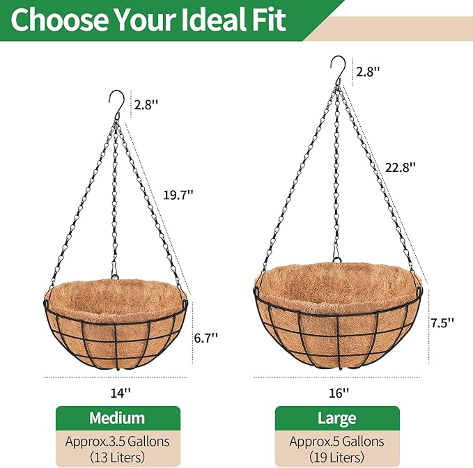 16 Inch Hanging Planters for Outdoor Plants,2 Pack Large Hanging Baskets for Plants Outdoor Metal Hanging Baskets with Thick Coco Coir Liners, Round Flower Pots for Porch Garden Ferns & Petunias