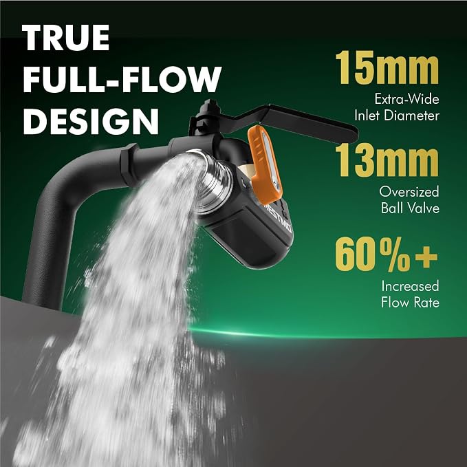Restmo 90 Degree Hose Elbow with Shut Off Valves, Heavy Duty Full Metal One-Piece Body & Brass Widened Inlet & Outlet for RV, Garden, Spigot, Extended Handle, Universal 3/4” GHT Fit, Orange, 1 Pack