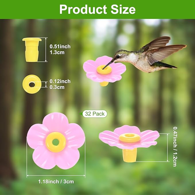 M METERXITY 32-Pack Hummingbird Feeder Replacement Flowers, Plastic Pet Hummingbird Feeding Parts Feeding Ports for Outdoor Hanging Feeders, Bees Guards [Rose Pink, Yellow]
