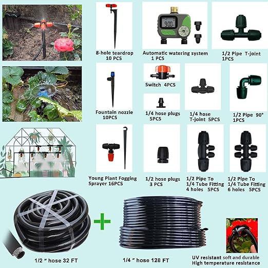 Drip Irrigation System for Garden with Water Timer, Main ID 1/2inch 32Ft and 1/4inch 131Ft Water Hose, 2-Zone Watering System Sufficient Water Pressure, Irrigation Dripper Waterflow Evenly Easy DIY