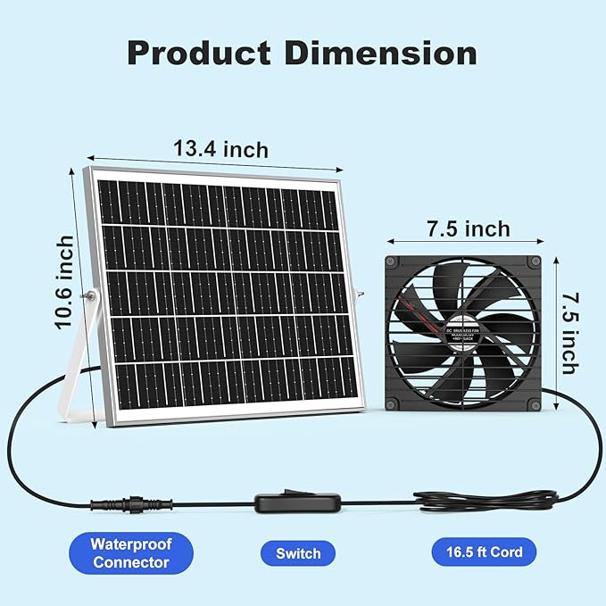 7.5" Solar Chicken Coop Fan 2 Pack, 15W x 2 Solar Powered Greenhouse Fan, Solar Exhaust & Intake Fans Outdoor Waterproof, for Outside Doghouse Shed Pet Air Circulation Ventilation Cooling