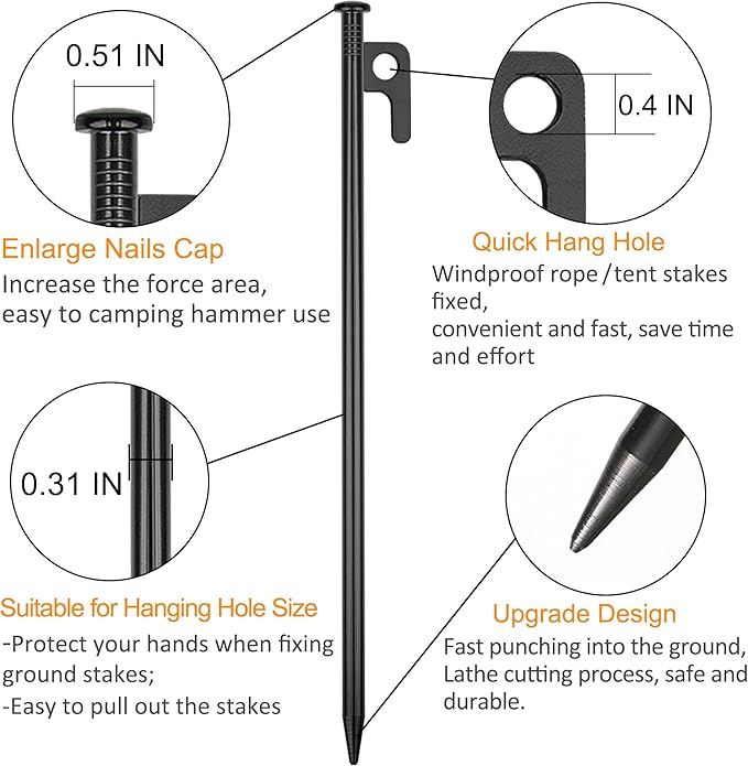 20 Pack 12 inch Tent Stakes Heavy Duty Metal Tent Pegs for Camping Steel Tent Pegs Unbreakable and Inflexible