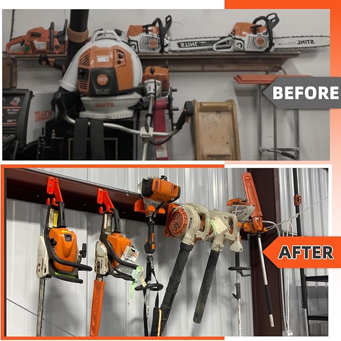 Garage Organizer Trimmer Rack, Weed Eater Hanger for Garage Wall, Heavy Duty Garden Power Tool Holder Wall Mounted for Grass Trimmer, Hedge Trimmer, Garden Tools，4 Pack (Orange)