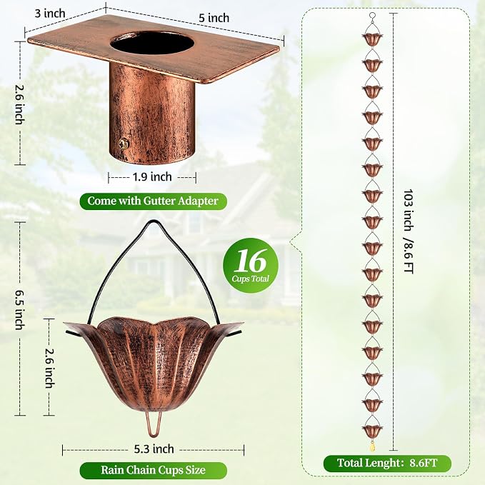 Rain Chains for Gutters Outside 8.5FT Copper Rain Catcher Chain with Adapter 16 Cups Decorative Replacement for Downspout