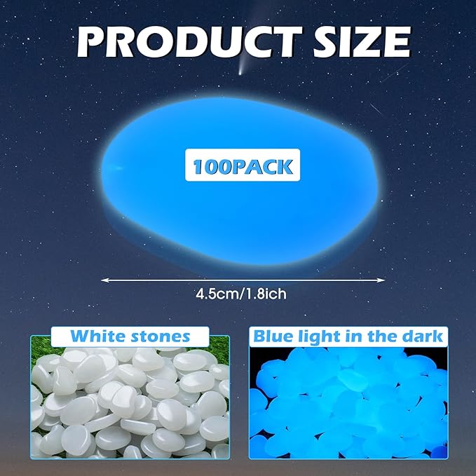 Landical 100 Pcs 1.8 Inch Large Glow in The Dark Rocks Pebbles Outdoor Fish Tank Rocks Aquarium Gravel Luminous Stones for Walkway Succulent Plant Halloween Decor (White)