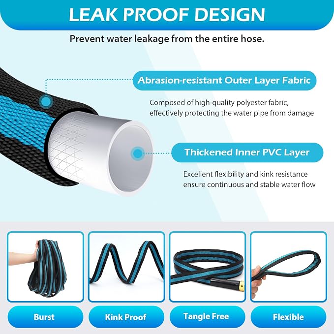 100FT Non-Expandable Garden Hose, Flexible Water Hose with Spray Nozzle, Kink-Resistant, Leakproof 3/4" Brass Connectors, Lightweight & Portable Water Pipe for Yard, Lawn Outdoor