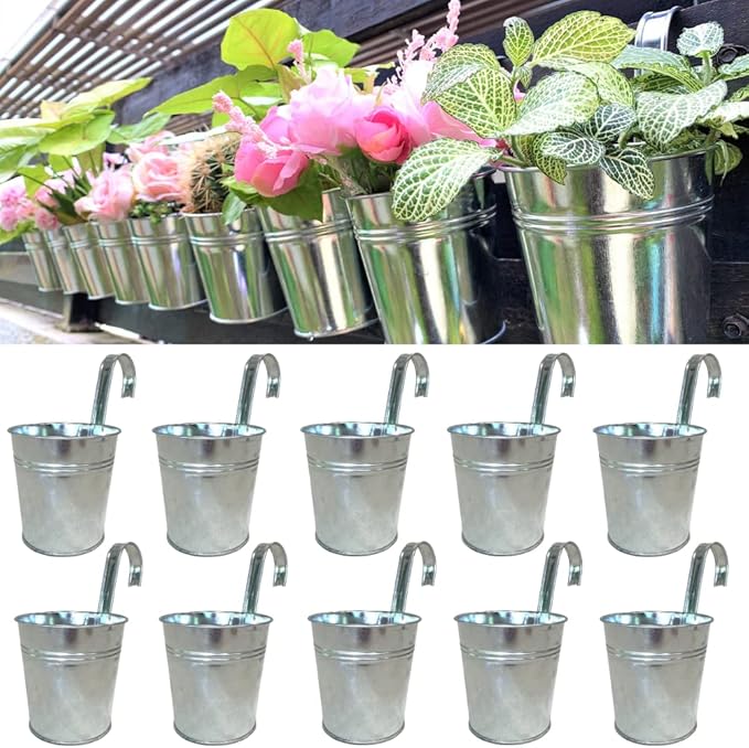 LaLaGreen Bundle - 3 Tier, 16 Inch Wall Hanging Planter + 10 Pack, 6 Inch Silver Metal Flower Pots Deck Railing Fence Balcony, Succulent Rectangle Long Large Hanging Vertical Shower Plant Garden Decor