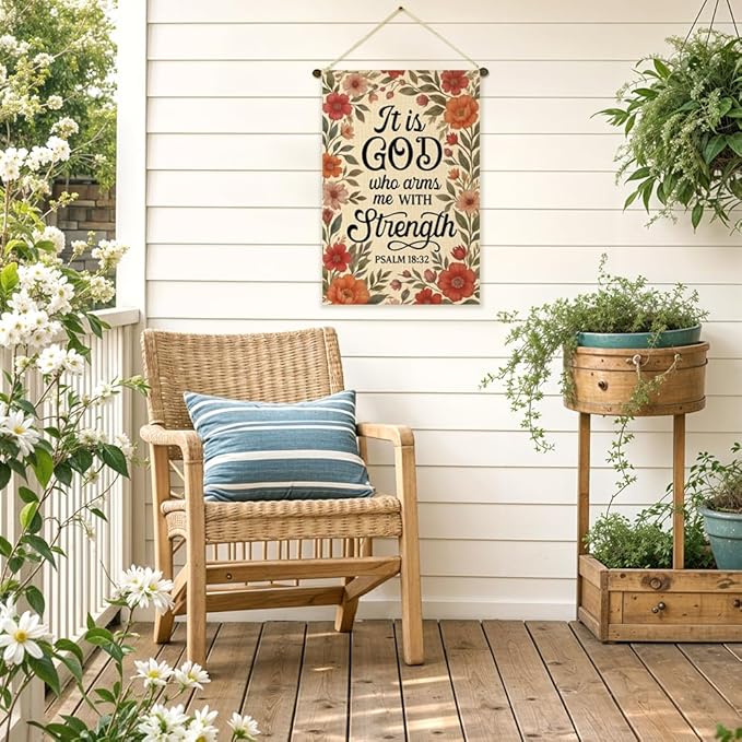 It Is God Who Arms Me With Strength Psalm 18:32 Garden Flag Double-Sided Yard Outdoor Decoration 12x18 Inch, Christian Floral Garden Decoration, Bible Home Banner, Religious Flag