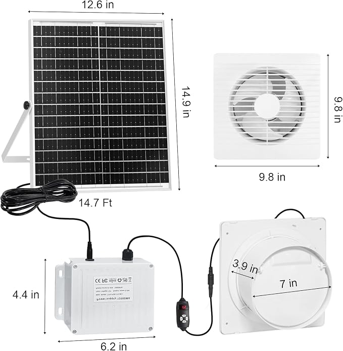 Solar Powered Fan with Battery Run Day/Night, 25W 9.8" Solar Fan for Chicken Coop with 2 Fan Speed/1-8 Cycle Timer, Waterproof Solar Greenhouse Fan for Shed, Chicken Coop, Greenhouse