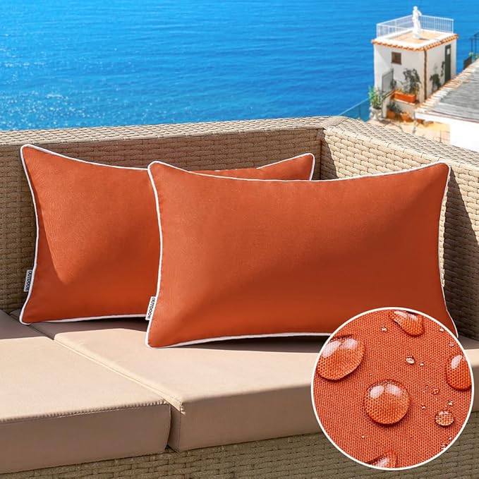 MIULEE Pack of 2 Outdoor Waterproof Pillow Covers Decorative Lumbar Throw Pillows Solid Color Farmhouse Couch Cushion Covers for Patio Tent Bed Sofa Living Room 12x20 Inch Burnt Orange