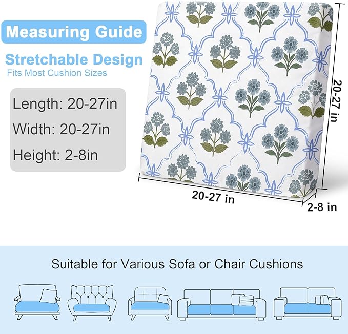 pickyNproud 8Pcs Patio Cushion Covers Stretch Outdoor Couch Cushions Slipcovers Replacement Washable Furniture Protector with Elastic Bottom Sofa Chair Seat Cover, Blue Floral