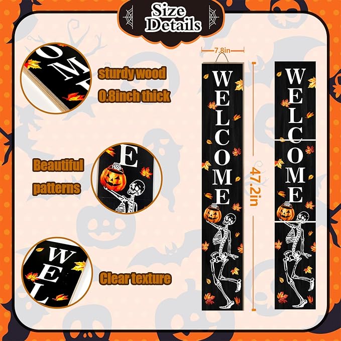 Funny Skull Porch Sign Halloween Skeleton Welcome Sign for Patio, Fall Decorations Wooden Front Door Signs Outdoor Pumpkin Standing Yard Sign Seasonal Vertical Signs for Holiday Wall Party Decor