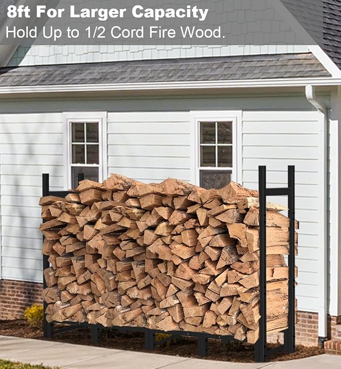 8ft Firewood Rack Outdoor Adjustable Heavy Duty Wood Rack Fire Wood Holder for Indoor Storage Fireplace Metal Lumber Organizer Stand Stacker, Black