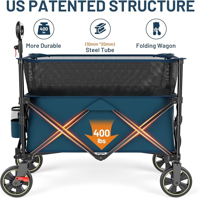 Timber Ridge 350L Extra Large Collapsible Folding Wagon Carts with Brake, Heavy Duty Outdoor Camping Utility Wagons with Extended Height, Adjustable Handle, Cup Holders, Side Bag(Blue)