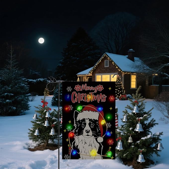 Christmas Dog Garden Flag - Led Border Collie Christmas Decor for Outside, Welcome Garden Flags Double-Sided Flag for Seasonal Winter Farmhouse Yard Lawn Decoration Gifts 12x18 inches