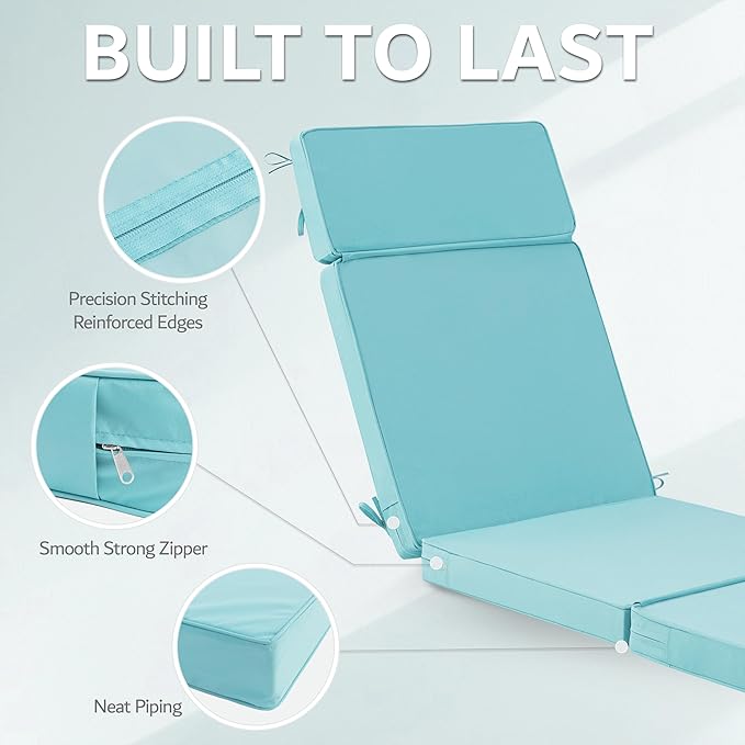 72 x 21 Inch Outdoor Chaise Lounge Cushion - Removable Cover, 4-Section Design, Water-Repellent & Fade-Resistant, 6 Tie Straps, Replacement for Patio & Pool Chairs - Light Blue