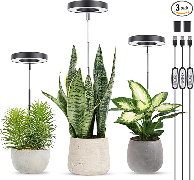 LORDEM Grow Light, Full Spectrum LED Plant Light for Indoor Plants, Height Adjustable Growing Lamp with Auto On/Off Timer, 4 Dimmable Brightness, Ideal for Small Plants, 3 Packs of Black