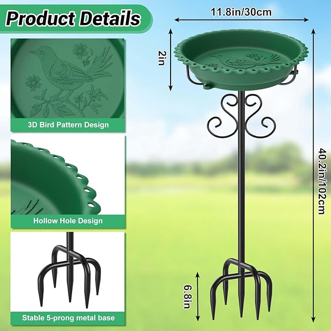 Bird Bath for Outside,40In Vintage Freestanding Bird Feeder Birdbaths for Outdoors, Bird Bath Detachable Plastic Bowl for Garden Patio Yard Lawn Decor, 5-Pronged Base & Easy to Clean (Green)