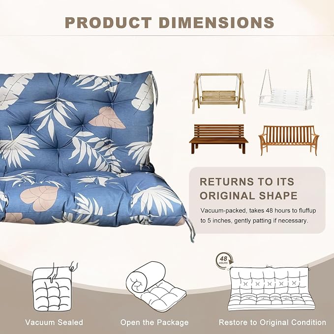Porch Swing Cushion with Backrest,Waterproof Bench Cushion for Outdoor Furniture,2-3 Seater Replacement Thickened Swing Cushion with Ties,Patio,Outdoor,Backyard and Garden (Tropical Leaf,60x40")