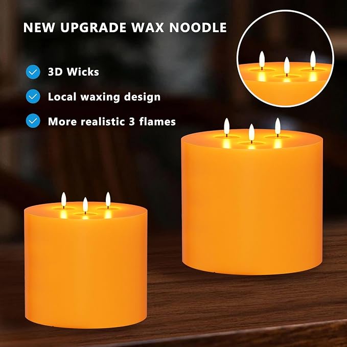 Orange Extra Large Flameless Candle 6"x6" 3 Wick Battery Operated Real Wax Pillar with Remote & Timer Flickering Flame LED Candle Orange for Halloween, Christmas Home Decor